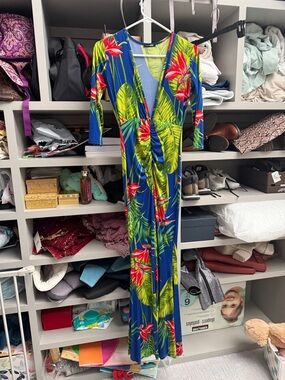 Fashion Nova Bold Blue Tropical Wrap Dress with Red Floral Accents